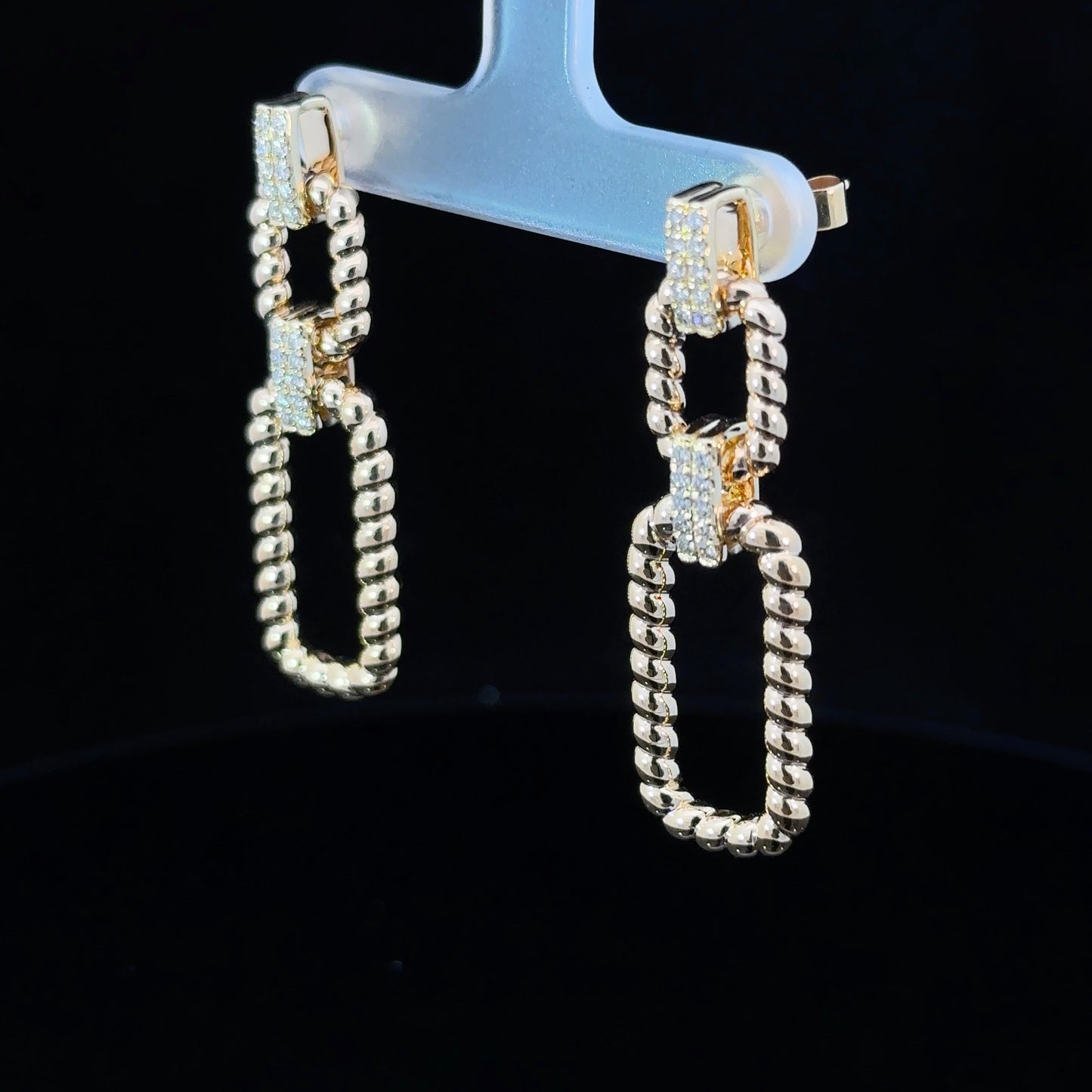 Paperclip Style "Door-Knocker" Dangling Gold Earrings with Diamond accents