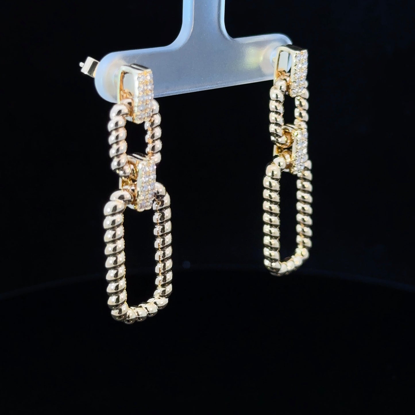 Paperclip Style "Door-Knocker" Dangling Gold Earrings with Diamond accents