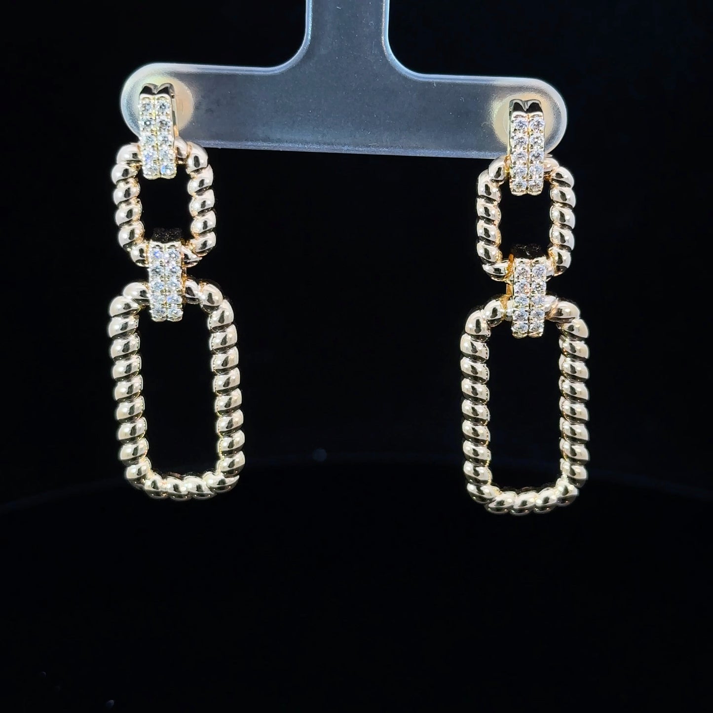 Paperclip Style "Door-Knocker" Dangling Gold Earrings with Diamond accents