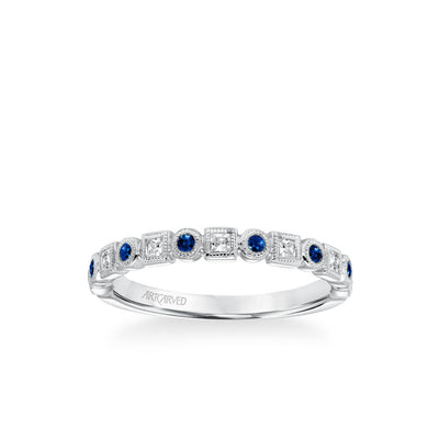 Stackable Band with Alternating Bezel Set Diamonds and Sapphires and Milgrain Accents