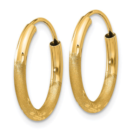 14k 2mm Satin Diamond-cut Endless Hoop Earrings