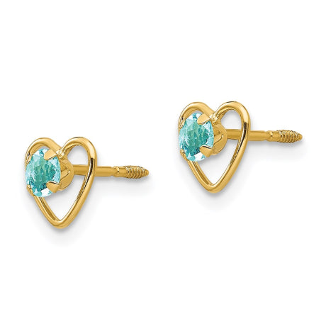 14k Madi K 3mm Aquamarine Birthstone Heart Earrings