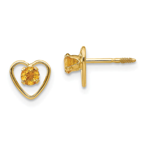 14k Madi K 3mm Citrine Birthstone Heart Earrings