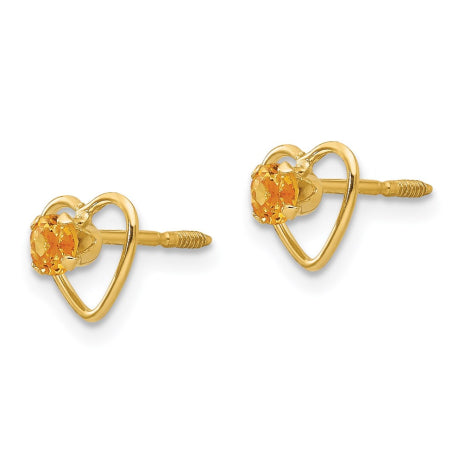 14k Madi K 3mm Citrine Birthstone Heart Earrings