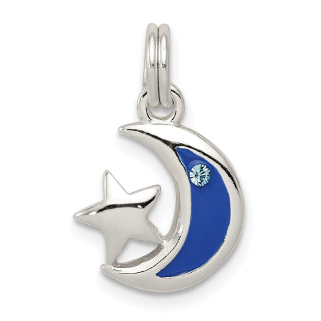 Sterling Silver Enameled CZ Star and Moon Charm