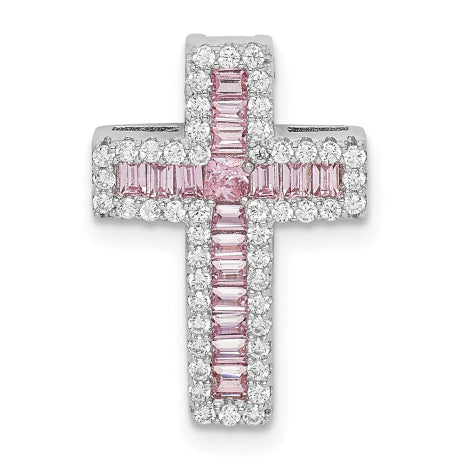 Sterling Silver Rhodium-plated Pink & White CZ Cross Chain Slide