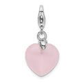 Amore La Vita Sterling Silver Rhodium-plated Polished 3-D Rose Quartz Heart Charm with Fancy Lobster Clasp