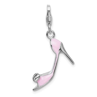 Amore La Vita Sterling Silver Rhodium-plated Polished 3-D Pink Enameled Bow-top High Heel Charm with Fancy Lobster Clasp