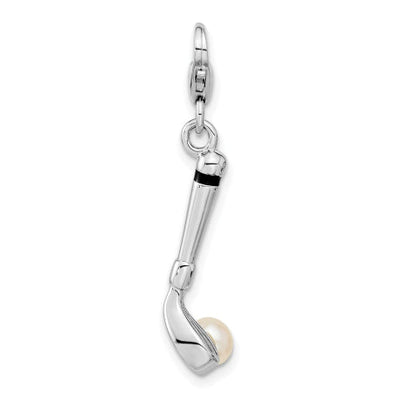 Amore La Vita Sterling Silver Rhodium-plated Polished 3-D Freshwater Cultured Pearl Golf Club Charm with Fancy Lobster Clasp