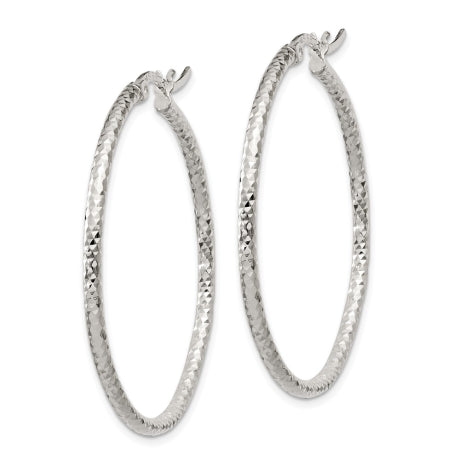 Sterling Silver Polished Diamond-cut 2mm Round Hoop Earrings