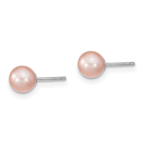 Sterling Silver Rhodium Plated 5-6mm Pink Round Freshwater Cultured Pearl Post Stud Earrings