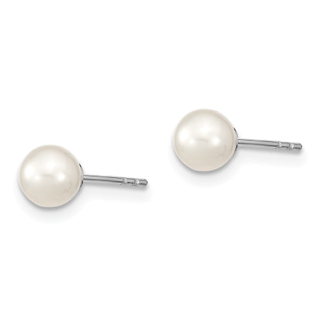 Sterling Silver Rhodium Plated 5-6mm White Round Freshwater Cultured Pearl Post Stud Earrings