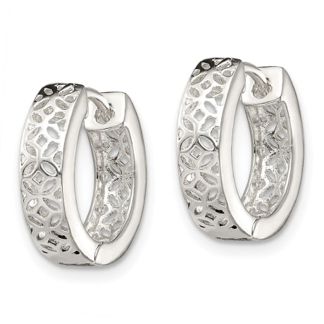 Sterling Silver Polished Cut-out Design Hinged Hoop Earrings