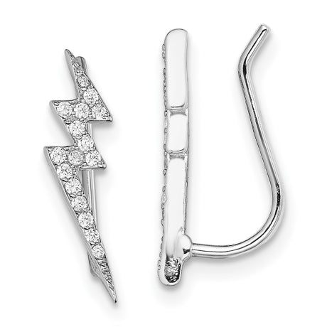 Sterling Silver Rhodium-plated CZ Lightning Bolt Ear Climber Earrings