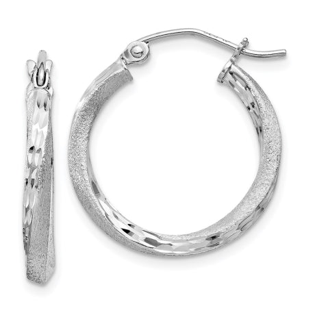 Sterling Silver RH-plated Satin Diamond-cut 2.5x20mm Twisted Hoop Earrings