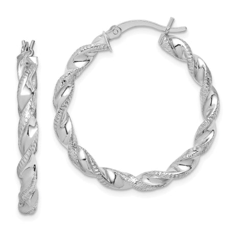 Sterling Silver Rhodium Plated Twisted 3.5x30mm Hoop Earrings