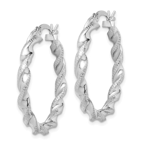 Sterling Silver Rhodium Plated Twisted 3.5x30mm Hoop Earrings