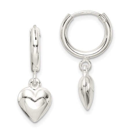 Sterling Silver Polished Puff Heart Dangle Hoop Earrings