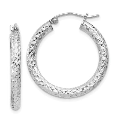 Sterling Silver Rhodium-plated D/C 3x25mm Hoop Earrings