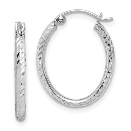 Sterling Silver Rhodium Plated Diamond Cut Oval Hoop Earrings