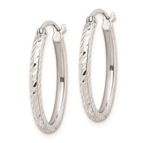 Sterling Silver Rhodium Plated Diamond Cut Oval Hoop Earrings