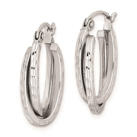 Sterling Silver Rhodium Plated Textured Double Oval Hoop Earrings