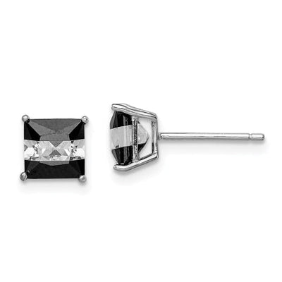 Sterling Silver RH-plated Black/White CZ 6mm Square Post Earrings