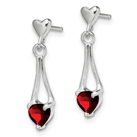 Sterling Silver Polished Garnet Heart Post Dangle Earrings