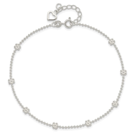 Sterling Silver 9in Plus 1in ext Polished Flower Anklet