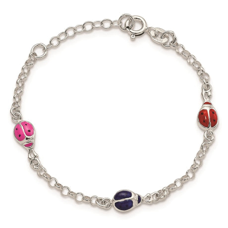 Sterling Silver Enameled Ladybug Childs 5in Plus 1in ext. Bracelet