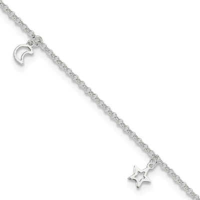 Sterling Silver Moon and Stars 9in Plus 1in Ext. Anklet