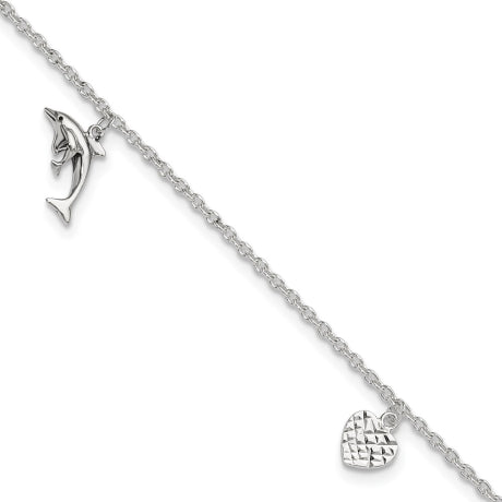 Sterling Silver Polished Heart, Star and Dolphin 9in Plus 1in Ext. Anklet