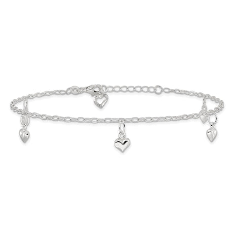 Sterling Silver Polished Puffed Heart 9in Plus1in Ext Anklet