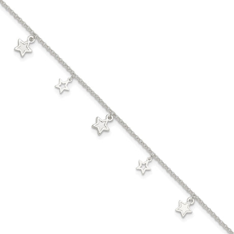 Sterling Silver Polished and Textured Star 9in Plus 1in Ext. Anklet