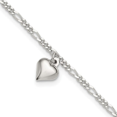 Sterling Silver Polished Heart 9 in Plus 1in ext. Anklet