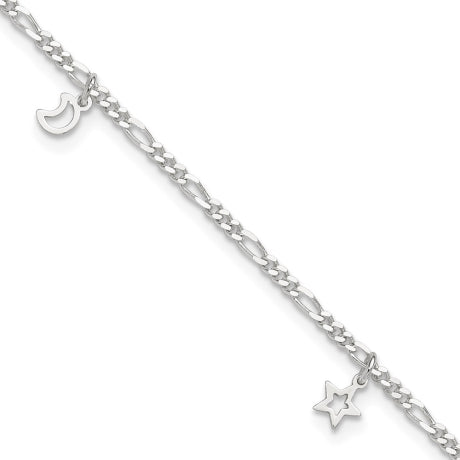 Sterling Silver Polished Star and Moon 9in Plus 1in Ext. Anklet