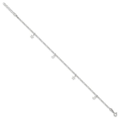 Sterling Silver Polished Star and Moon 9in Plus 1in Ext. Anklet