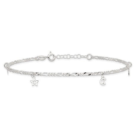 Sterling Silver Polished Star and Moon 9in Plus 1in Ext. Anklet