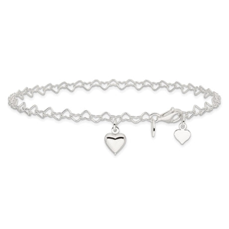 Sterling Silver Heart-link with Heart Charm Anklet