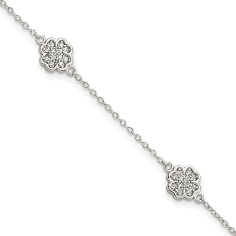 Sterling Silver Rhodium-plated Polished CZ Four Leaf Clover 7in Bracelet