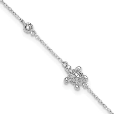 Sterling Silver Rhodium-plated CZ Turtle 9in Plus 2in Ext Anklet