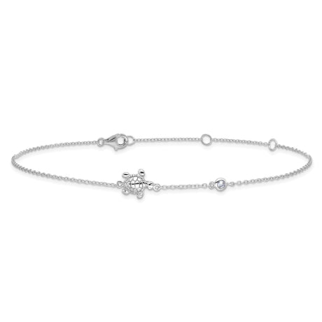 Sterling Silver Rhodium-plated CZ Turtle 9in Plus 2in Ext Anklet