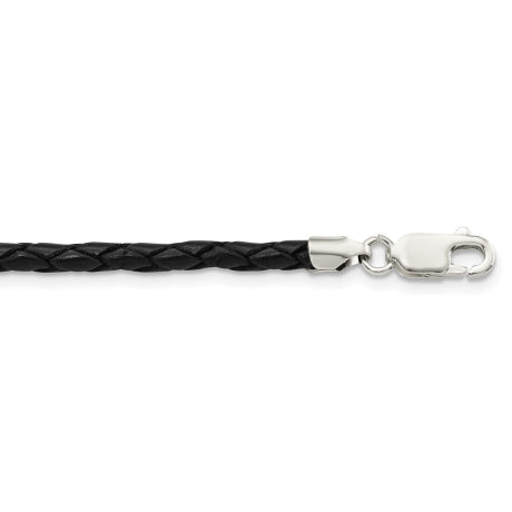 Sterling Silver 3mm Black Leather Braided Necklace