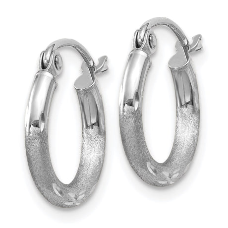 14k White Gold Satin and Diamond-cut 2mm Round Hoop Earrings