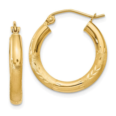 14k Satin and Diamond-cut 3mm Round Hoop Earrings