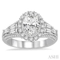 7/8 Ctw Oval Shape Baguette and Round Cut Diamond Semi-Mount Engagement Ring in 14K White Gold