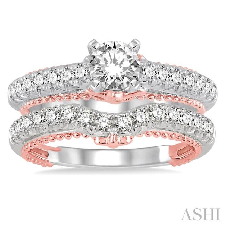 1 1/5 Ctw Diamond Wedding Set with 7/8 Ctw Round Cut Engagement Ring and 1/3 Ctw Wedding Band in 14K White and Rose Gold