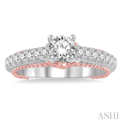 7/8 Ctw Diamond Engagement Ring with 1/2 Ct Round Cut Center Stone in 14K White and Rose Gold