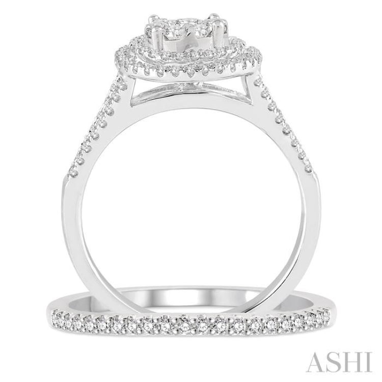 7/8 Ctw Diamond Lovebright Double Halo Wedding Set with 3/4 Ctw Engagement Ring and 1/10 Ctw Wedding Band in 14K White Gold