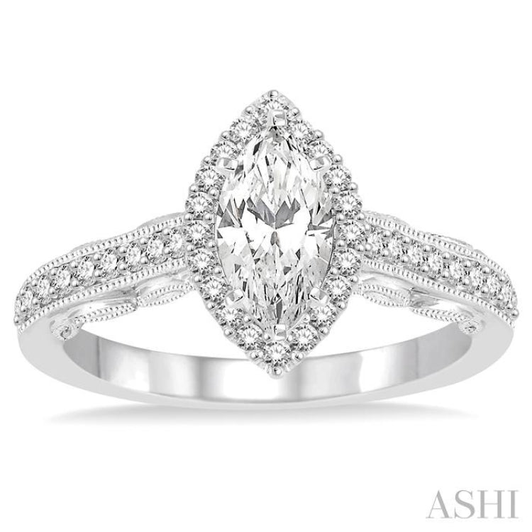 1 Ctw Diamond Engagement Ring with 5/8 Ct Marquise Cut Center Stone in 14K White Gold